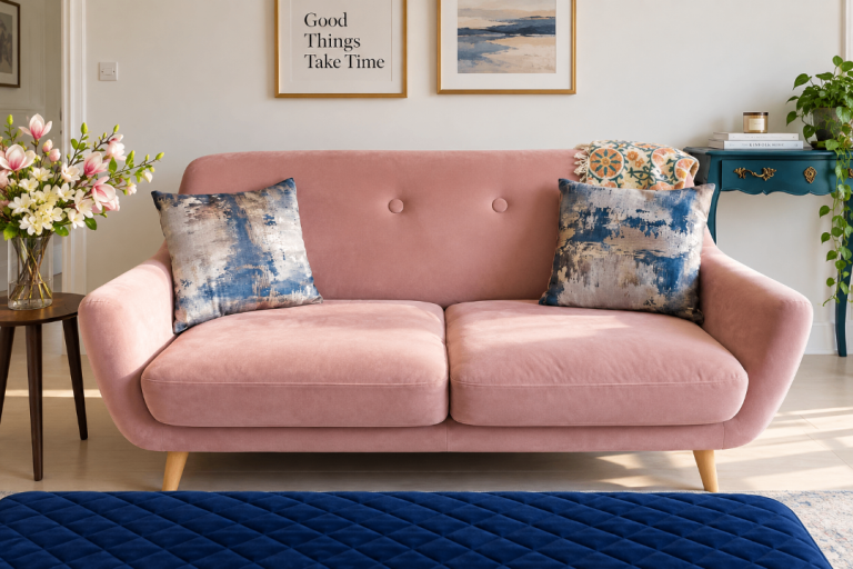 DFS blush pink velvet sofa set, including one 2-seater and one 3-seater sofa