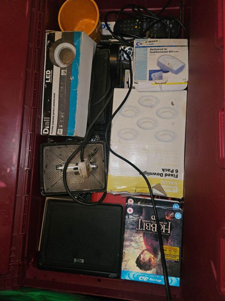 Box full of Audio, Video, computer remotes keyboards etc