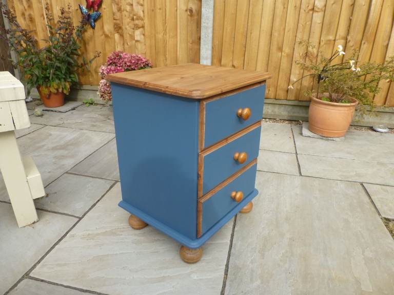 Good used condition solid pine  Blueprint blue 3 drawer unit bedside cabinet  side table