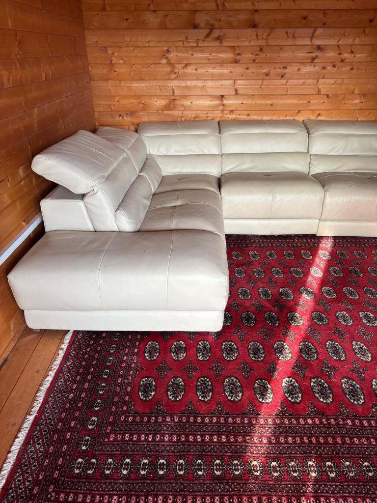 Cream Leather Corner Sofa with Electric Recliner Seat