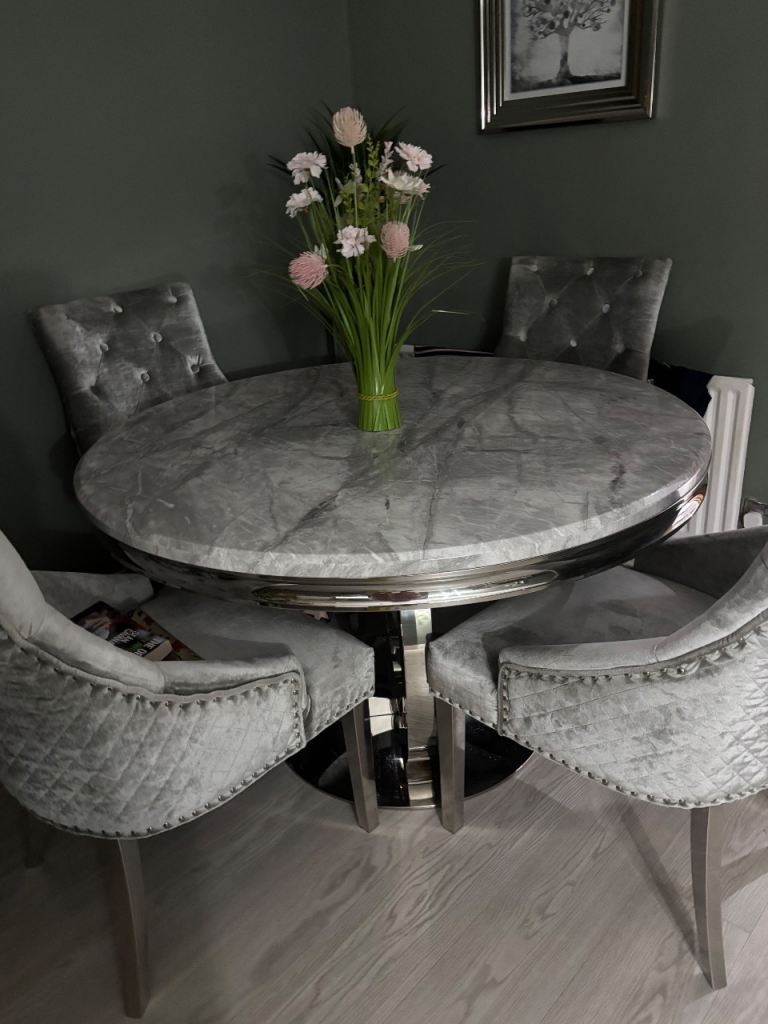 Marble heavy duty table & 4 silver & grey chairs 