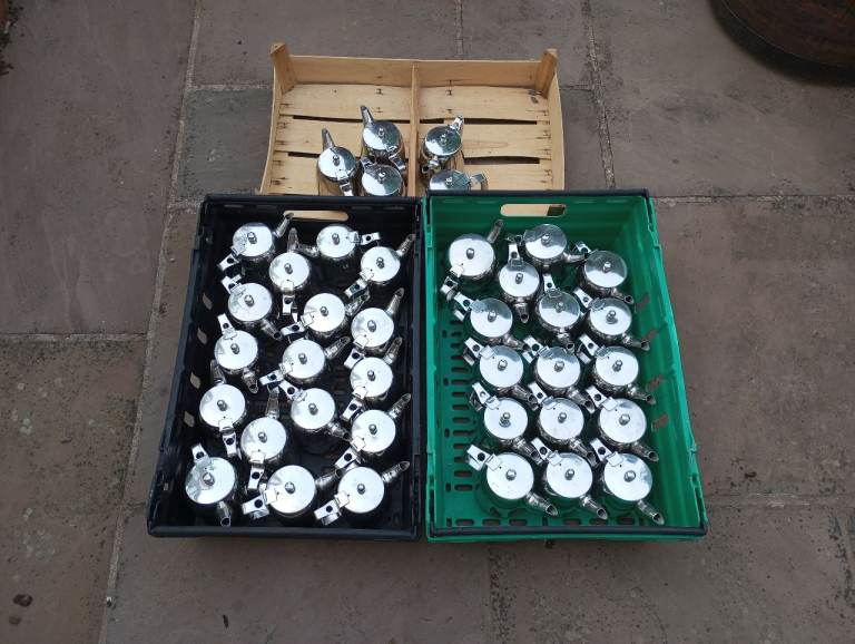 Joblot of assorted 36+ metal catering teapots for home, wedding, village hall, community group etc