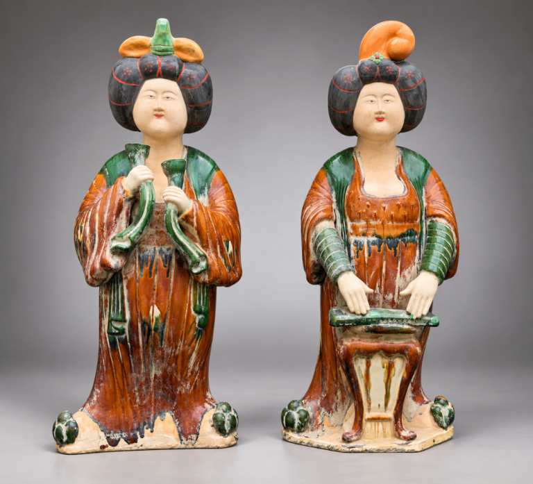 Pair Large Sancai Glazed Chinese Pottery Musician Figures – Tang Dynasty Style