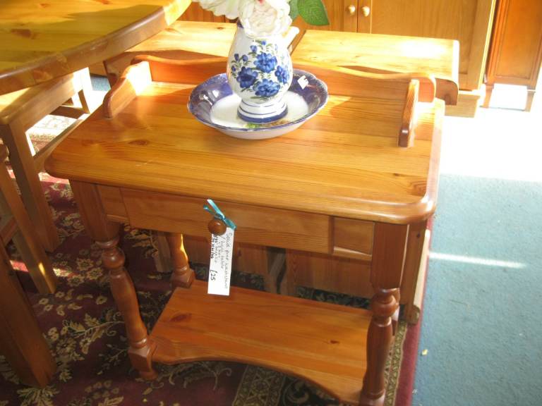SOLID PINE SMALL WASHSTAND - HALL TABLE. SHAPED BACK LIP, DRAWER & LOWER SHELF. DELIVERY 