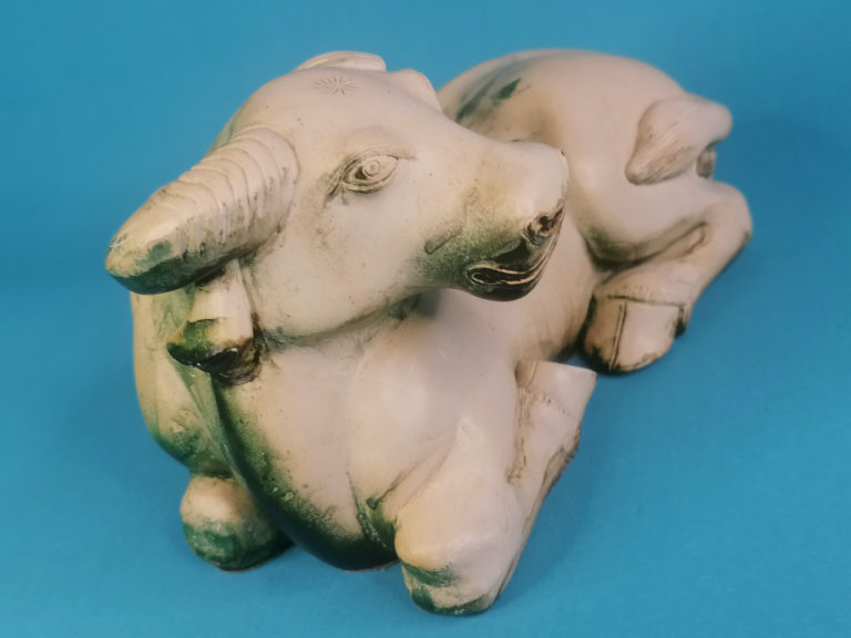 Vintage Chinese Buffalo Sculpture , 4-inch height and 6,5-inch length. White, green colours.(heavy) 