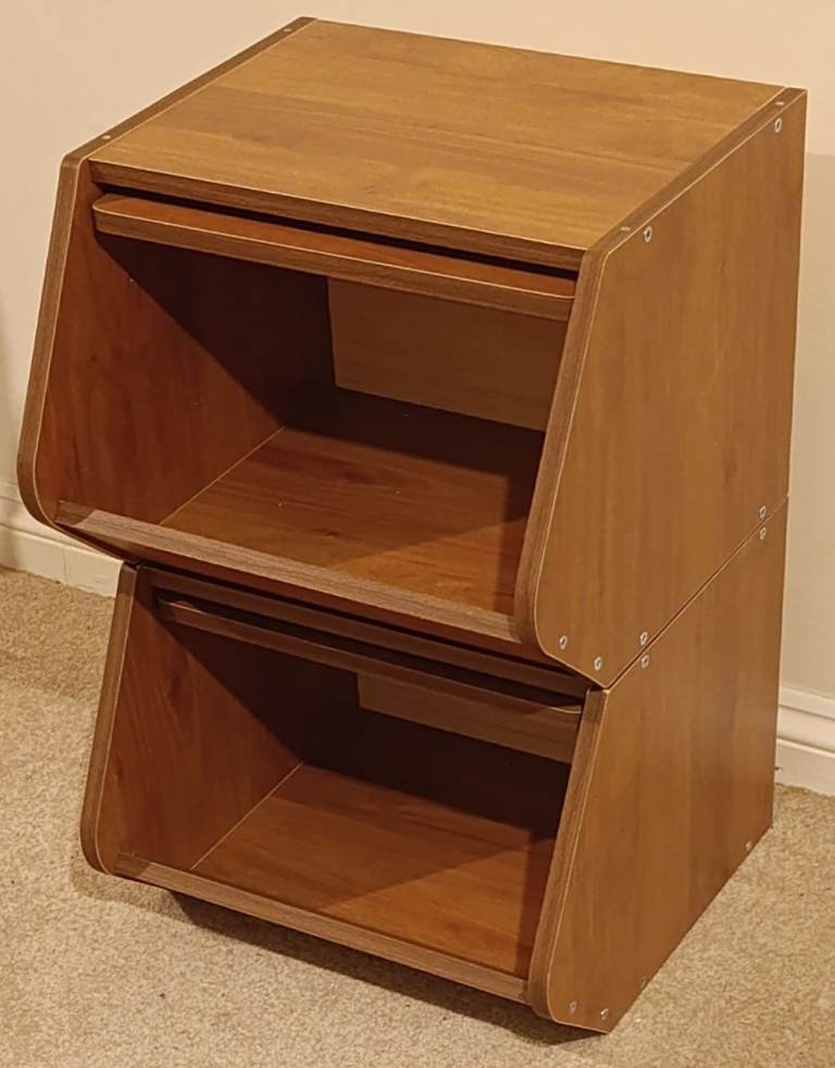 Stackable wood storage chests bins with sliding front covers for food, clothes, toys etc.