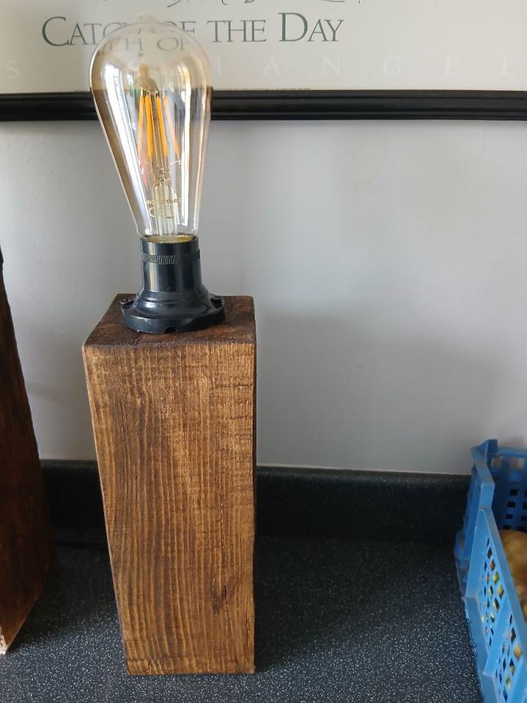 Unique Wooden Base Table Lamp with Exposed Edison Bulb