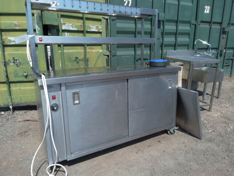 Catering equipment hot cabinet shelves racks and janitor sink restaurant kitchen trailer items 
