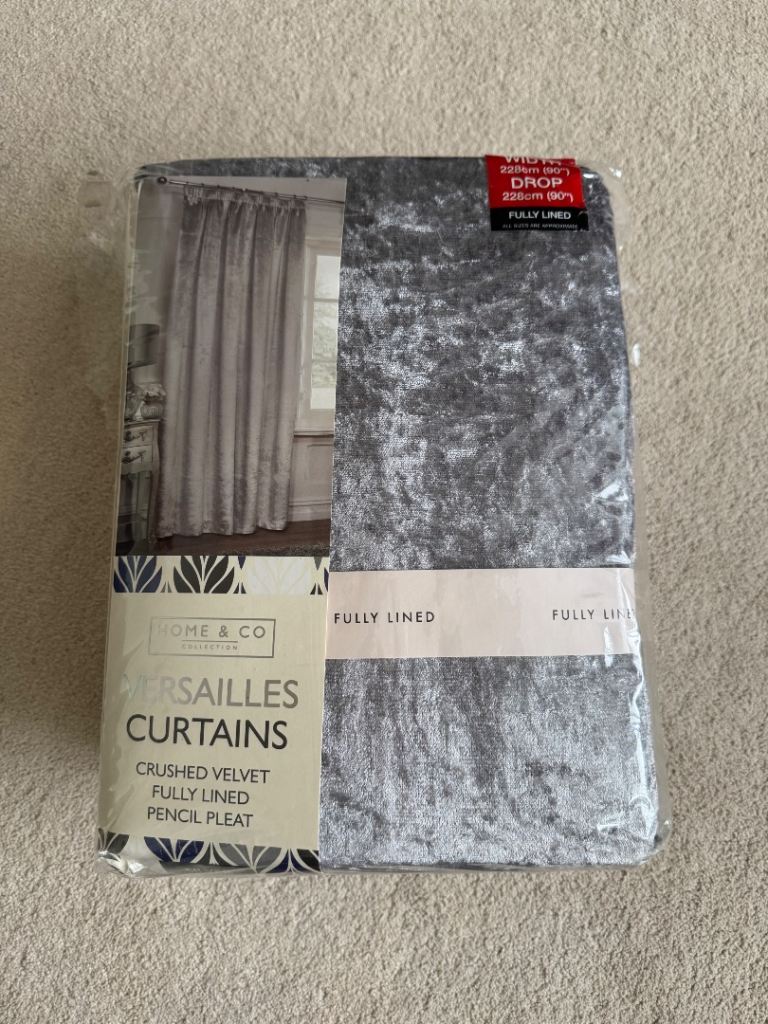 Brand New Home & Co Versailles Crushed Velvet Curtains – Silver, Fully Lined 90x90