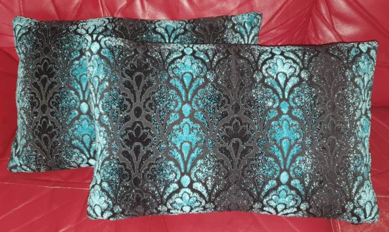 2x The Cushion Collection Feather Filled Black Teal Damask Jacquard Rectangle