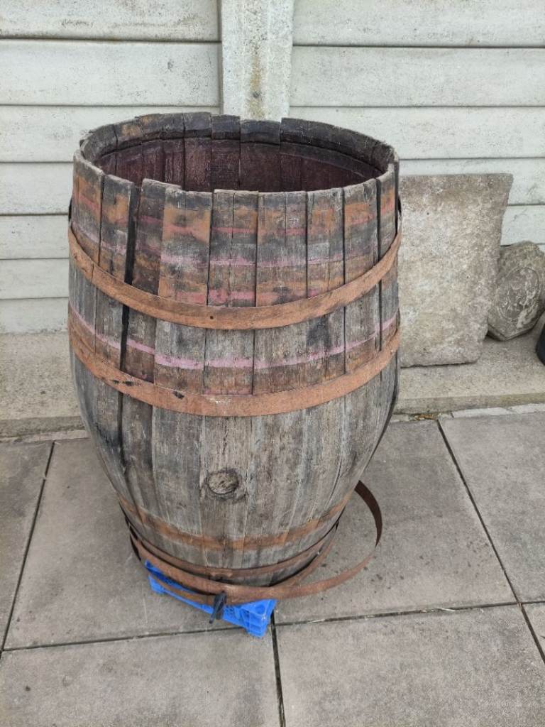 Large Used Wooden Barrel Planter 