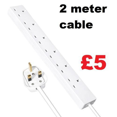 Extension Lead 6 Gang White, 2 Meter Extension Cord 13a Uk Plug