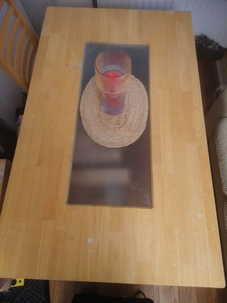 Wooden Dining Table with Glass Insert – Good Condition