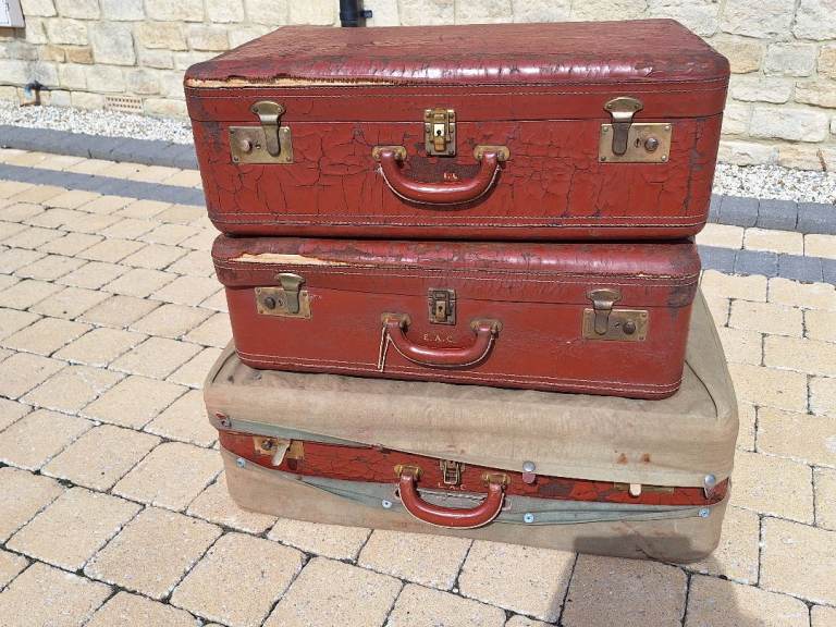 1950's Brown Vintage Leather Suitcases - Set of 3, individually monikered, Fair Condition