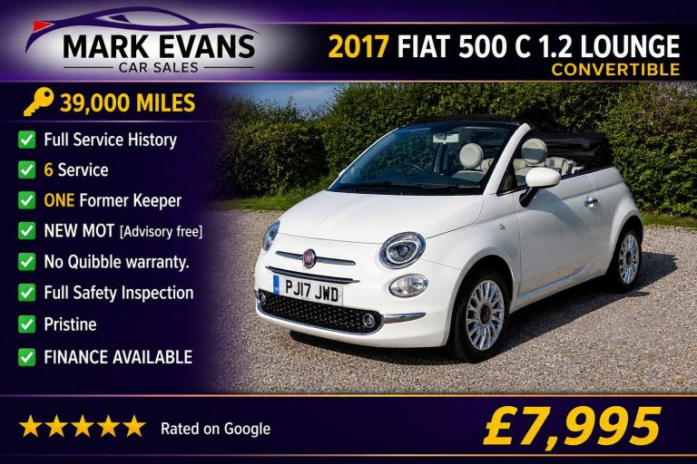 2017 Fiat 500 1.2 Lounge 2dr CONVERTIBLE Petrol Manual
