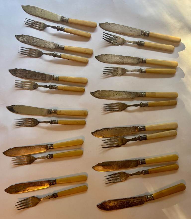 Antique Vintage Silver Fish Cutlery - Bone Handled Silver or Silver Plate - 23pc