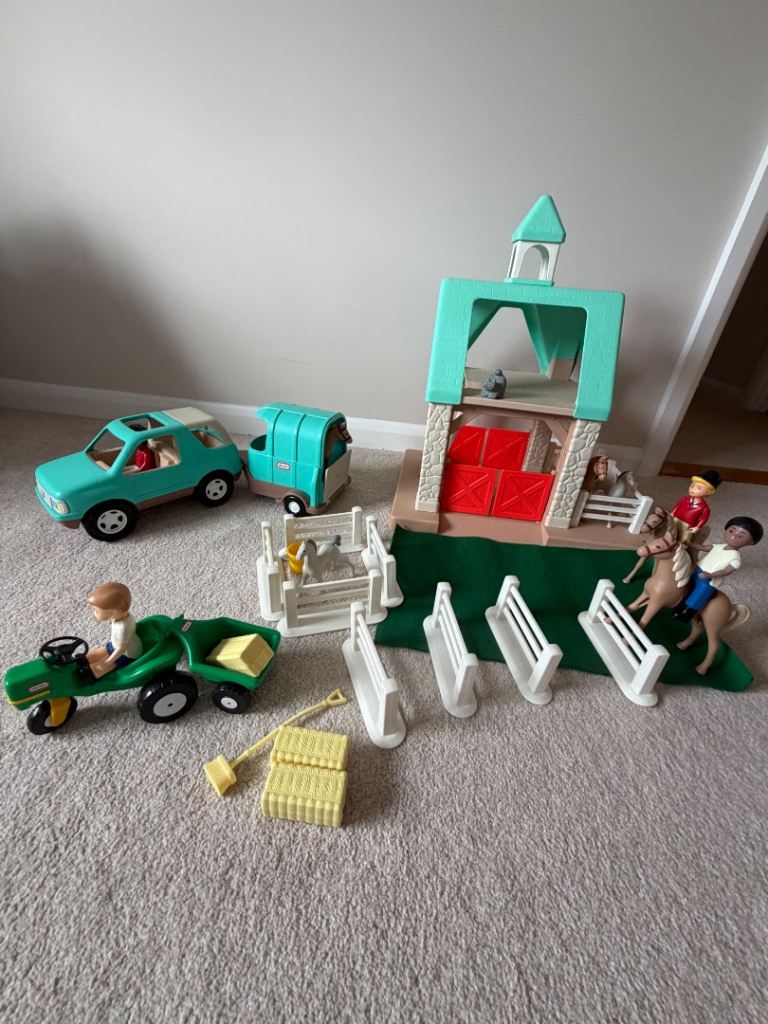 Little tikes dolls house stable, jeep with horse box , horses, tractor and trailer, figures, etc