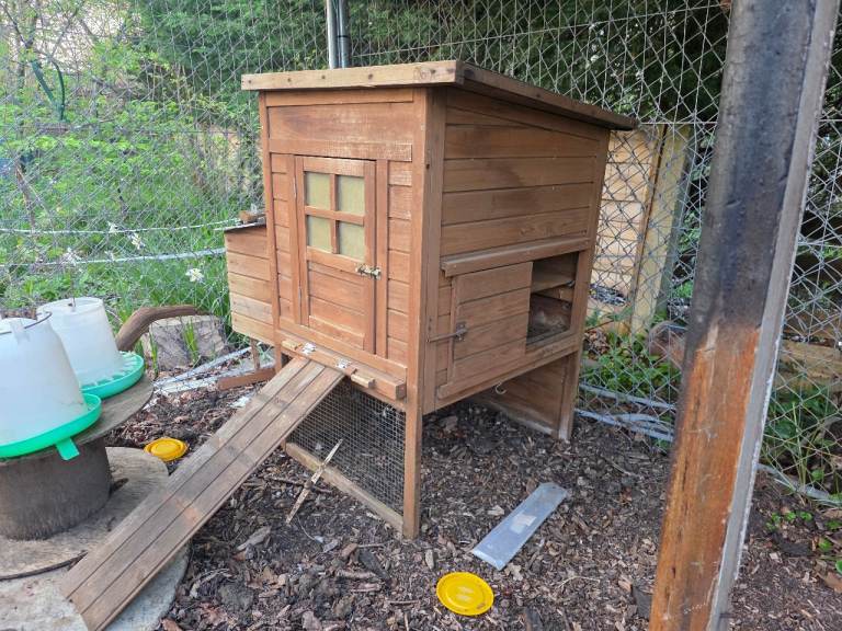 🐔 Wooden Chicken Coop with Nesting Box & Ramp – Good Condition