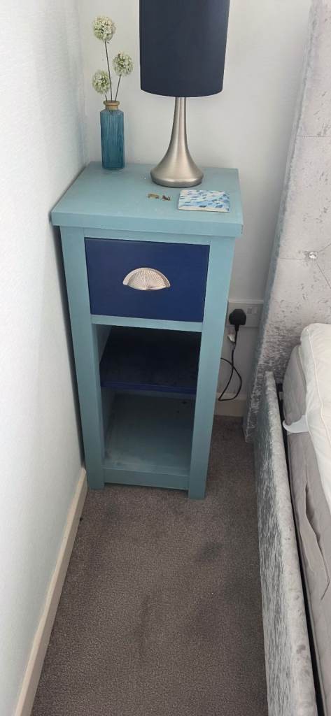Two Turquoise and Blue Bedside Tables with Drawer – Good Condition