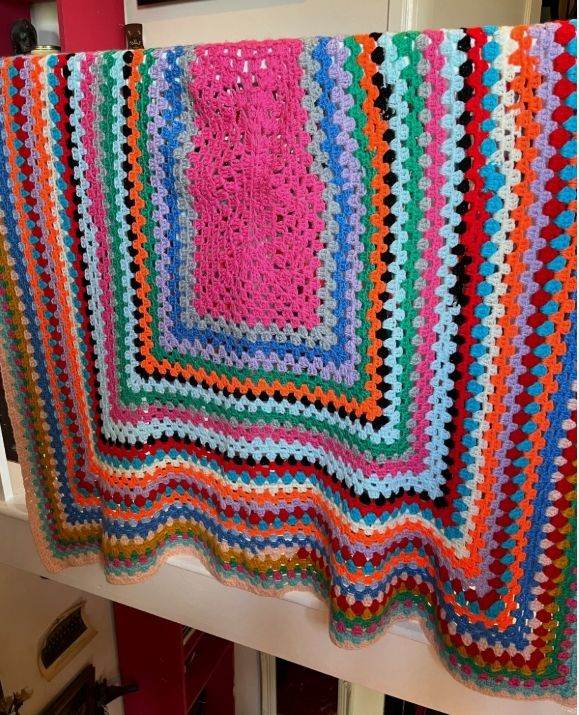 image for Vintage Hand Knitted Crochet Blanket Multicoloured Design 50&quot; X 60&quot;