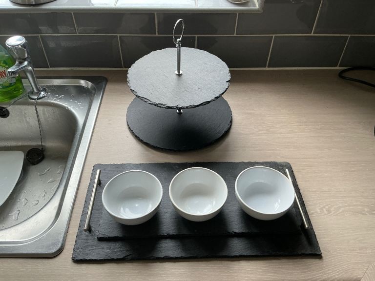Slate Serving Set with Tiered Cake Stand and Platter with Bowls – As Good As New