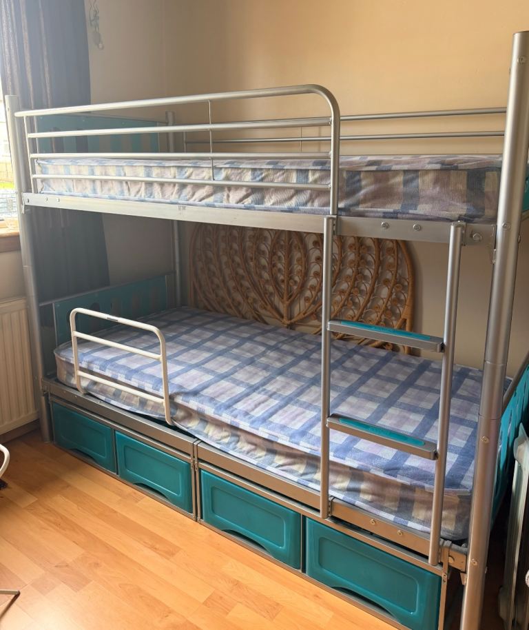 Sturdy Metal Bunk Beds with Mattresses and Storage Drawers