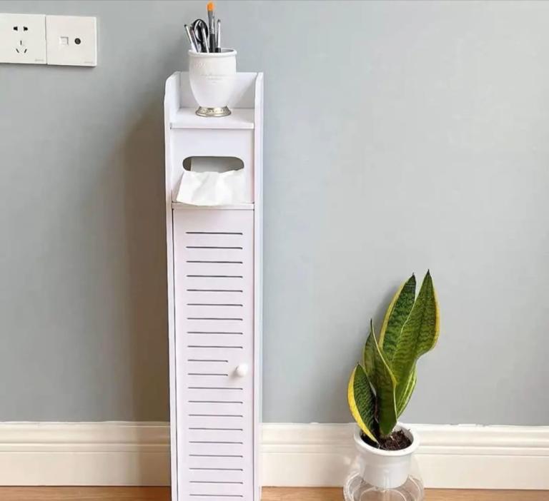 BRAND NEW Slim White Bathroom Storage Cabinet – Toilet Roll Holder Unit