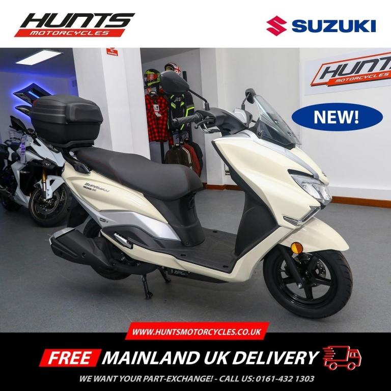 NEW Suzuki Burgman Street 125 EX Scooter. White with Top Box. £2699 On The Road