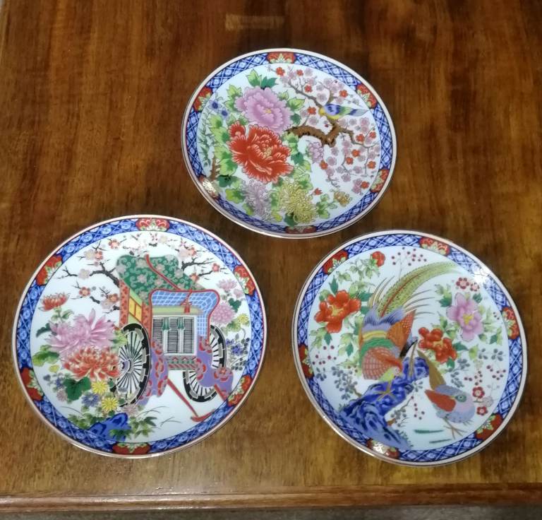 3 x Japanese Decorative Plates 16cm Rickshaw Birds Flowers Possibly Eiwa Kinsei?
