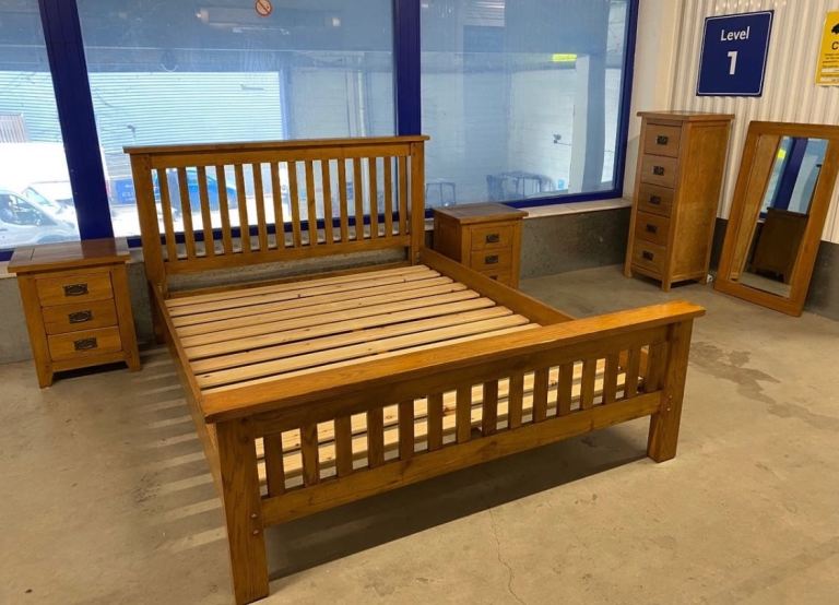 Solid Oak King Size Bed with Bedsides, Mirror and Tall Boy Chest of Drawers