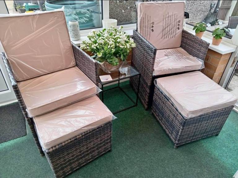 Rattan brown chair and stool set bnib outdoor garden furniture new