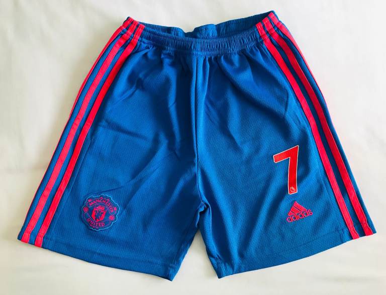 Kids Adidas Blue with Red Manchester United Away Shorts 2021/22 - Size 26