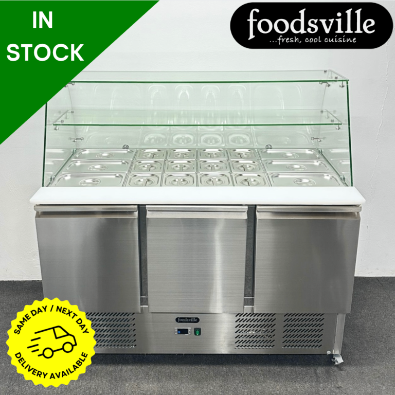 PROFIT NOW, BUY LATER! - NEW Foodsville 1365mm 3 Door Curved Glass Prep Counter Fridge, On Wheels