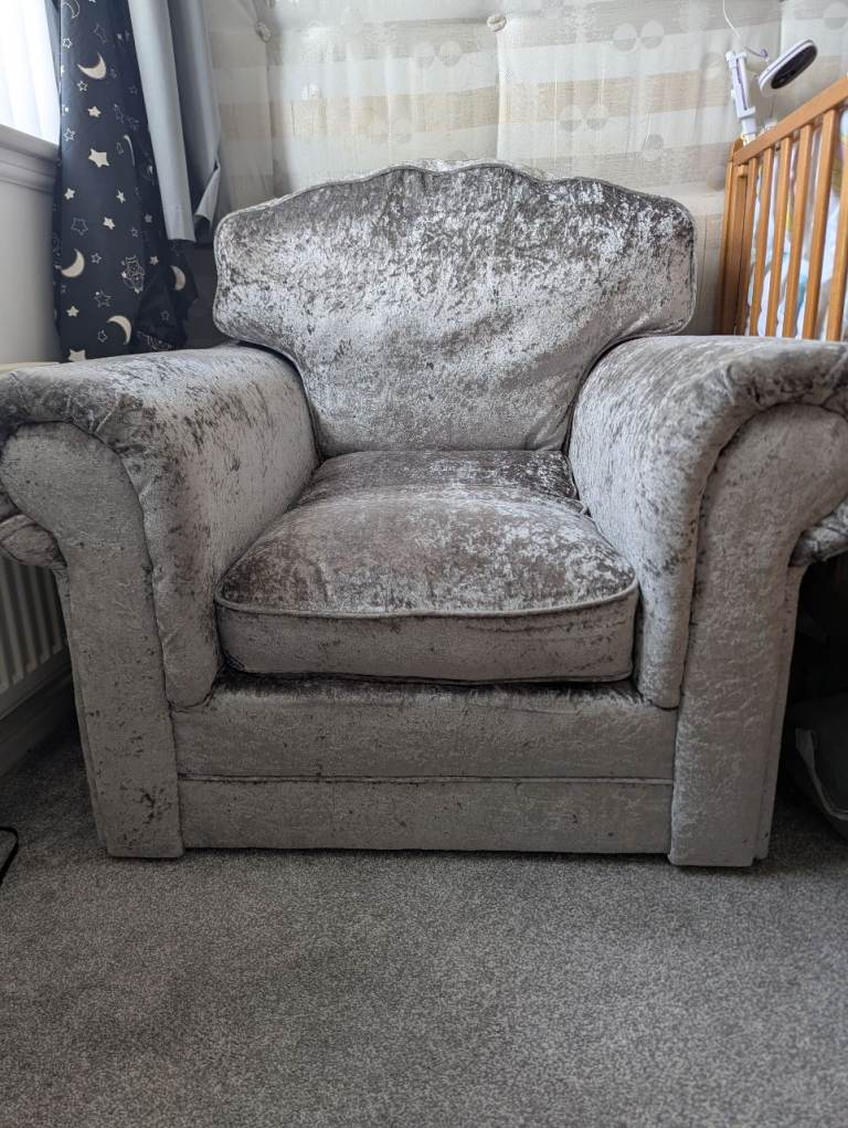 Crushed Velvet Armchair – Grey, Good Condition