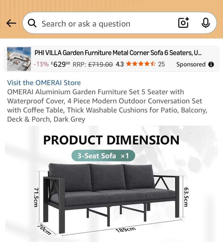 New OMERAI Aluminium 3-Seat Garden Sofa with Cushions