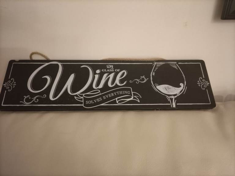 UNUSUAL GLASS OF WINE SOLVES EVERYTHING SIGN USED 