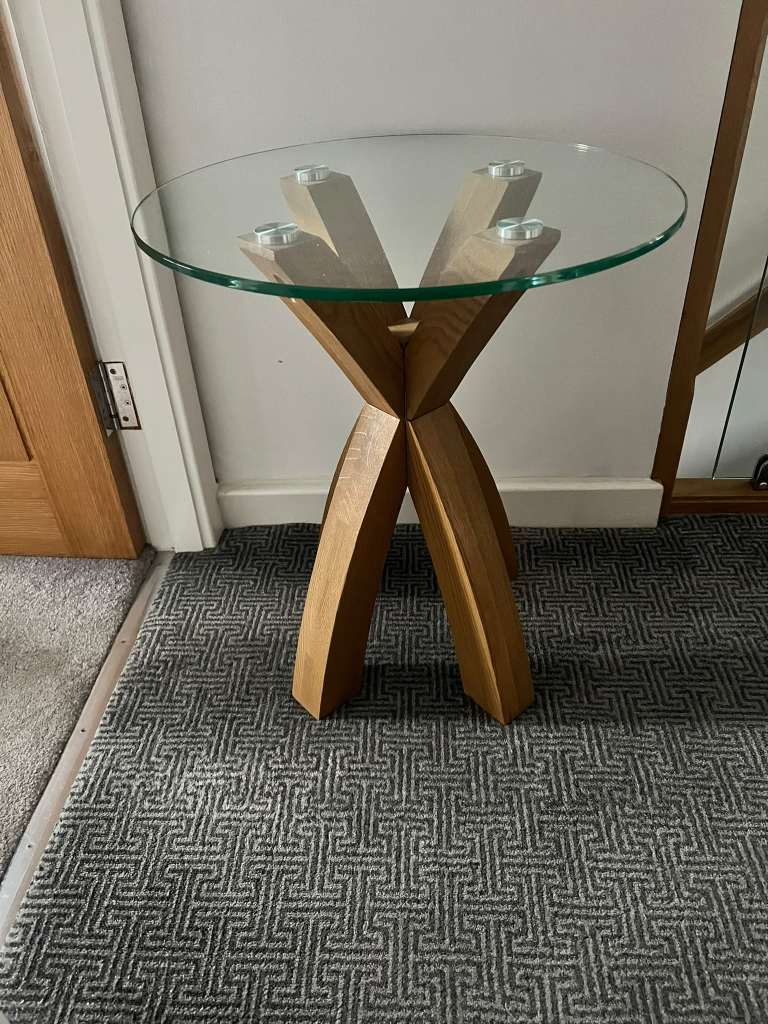 Glass Top Side Table with Wooden Base – Good Condition