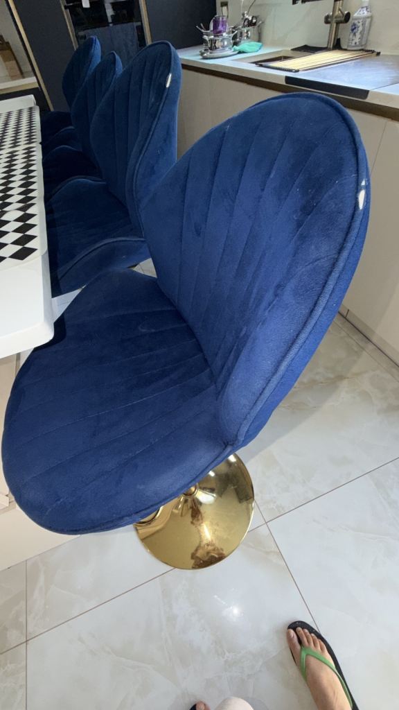 Set of 3 Blue Velvet Bar Stools with Gold Base – As Good As New