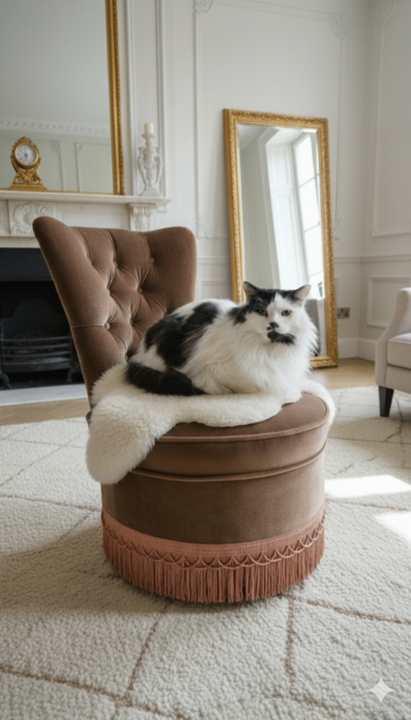 ​Luxury Vintage Velvet Cat Throne – Mid-Century Tufted Slipper Chair with Bullion Fringe