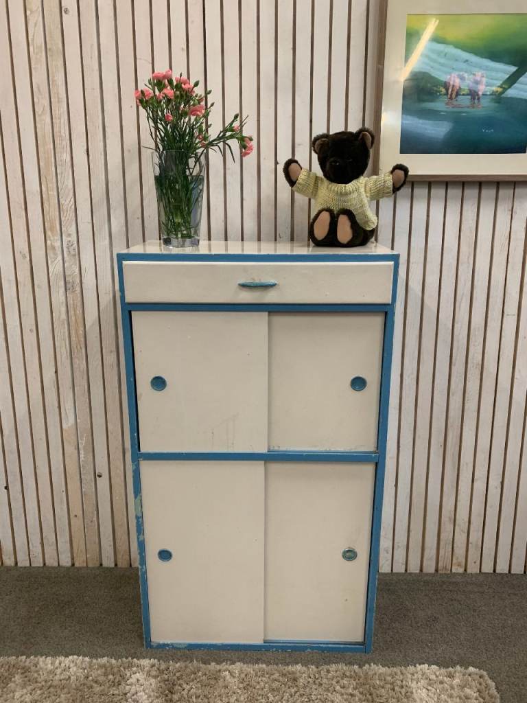 Kitchen Cabinet / Larder. Vintage 1950s in White +Blue Edge (Restoration Work Required)