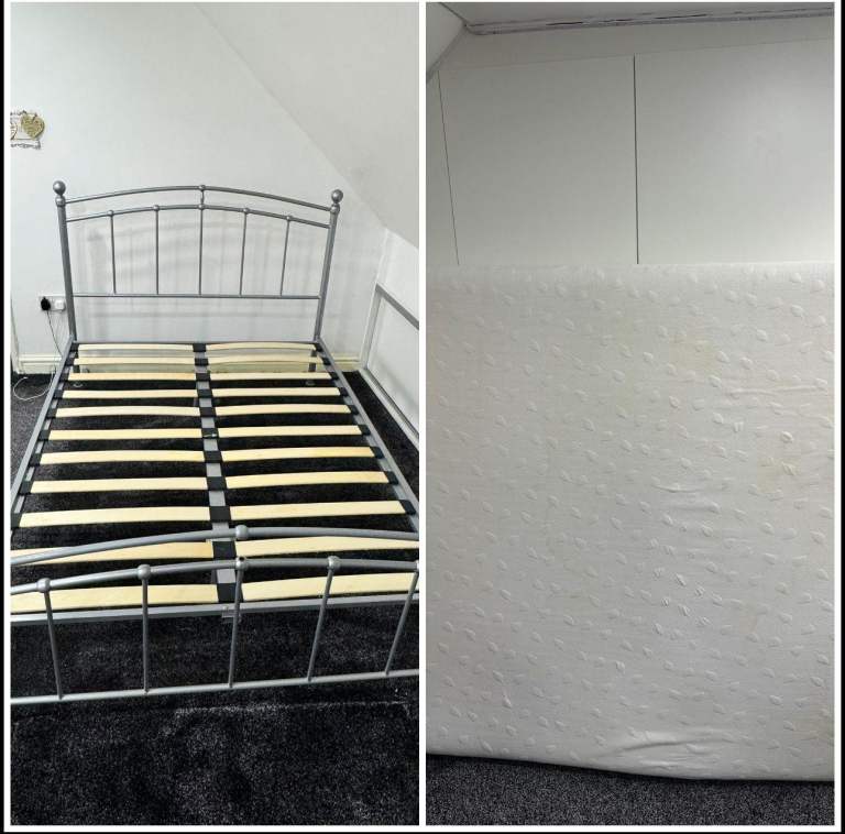 Metal double bed frame and memory foam mattress