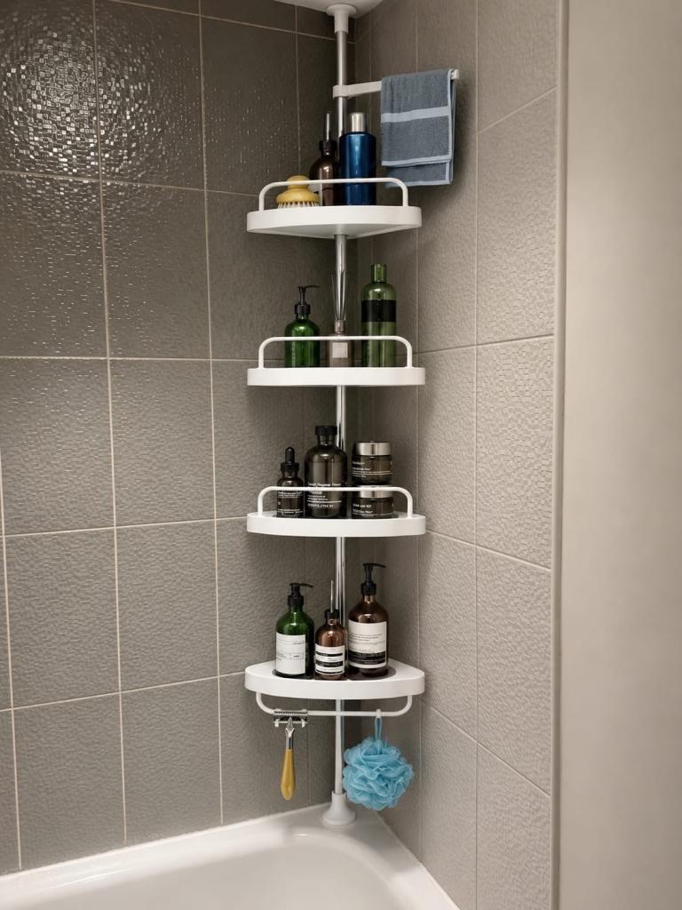 White Corner Shower Caddy – Adjustable with 4 Shelves