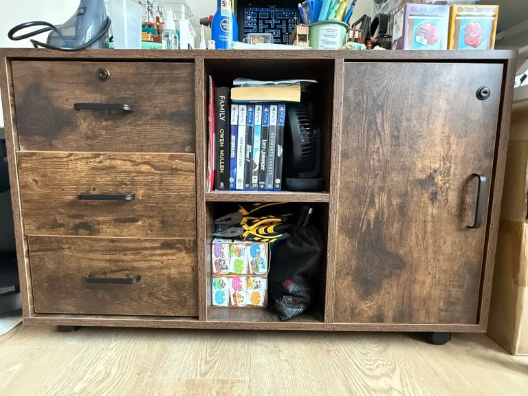 Brown Wood Office Storage Cabinet File Sideboard With Shelf Drawers Lock Rolling