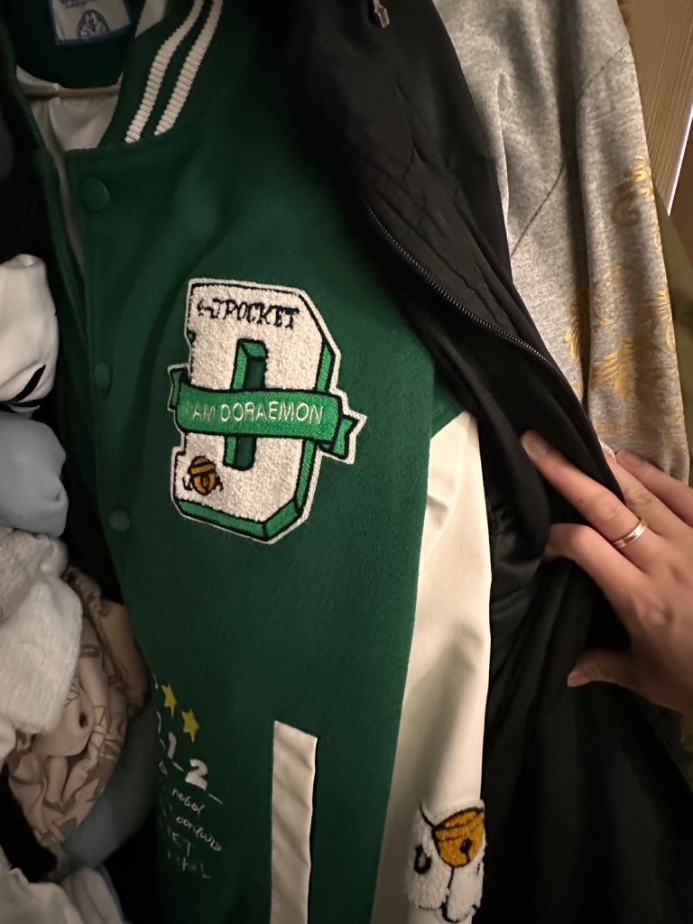 Doraemon Varsity Jacket Green & White – Embroidered Baseball Jacket – Excellent Condition