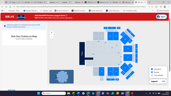 PDC Darts tickets Aberdeen 30th April TABLE SEATS section B15