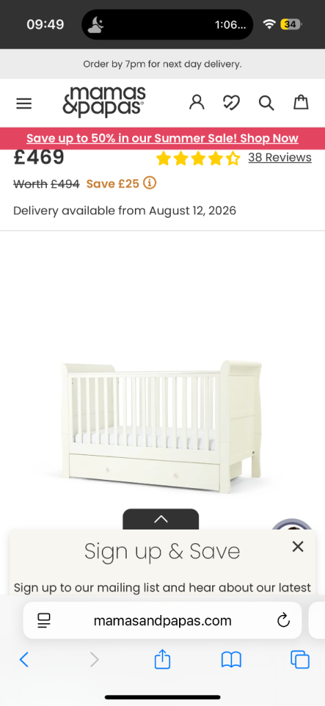 Mamas & Papas Mia Cot Bed with Storage Drawer – Converts to Toddler Bed