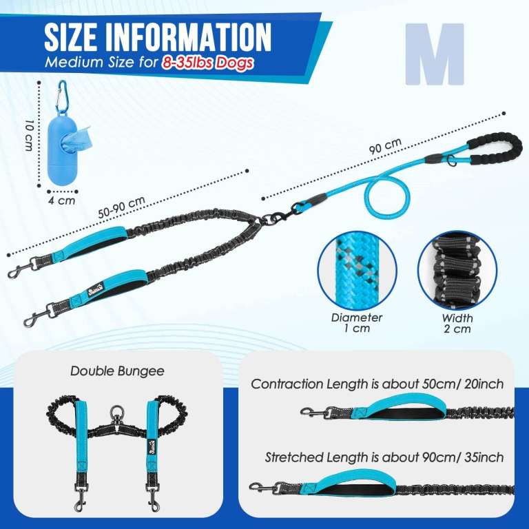 New Double Bungee Dog Lead with Waste Bag Dispenser