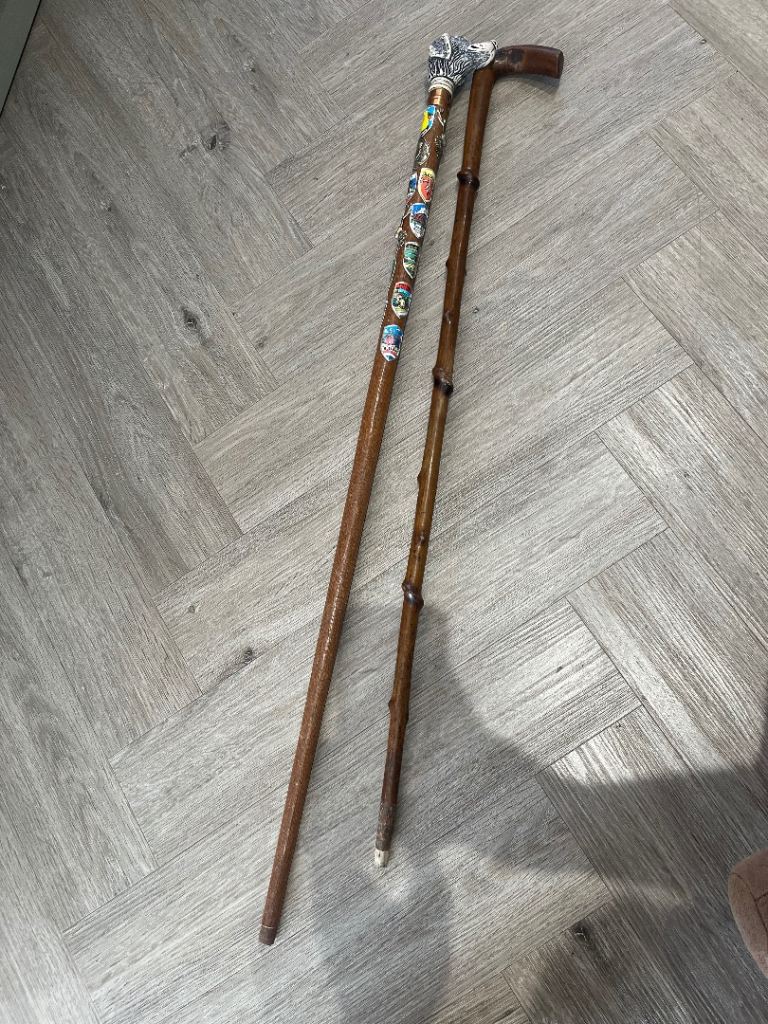 2 walking sticks - 1 dog style handle with badges and knotted one 