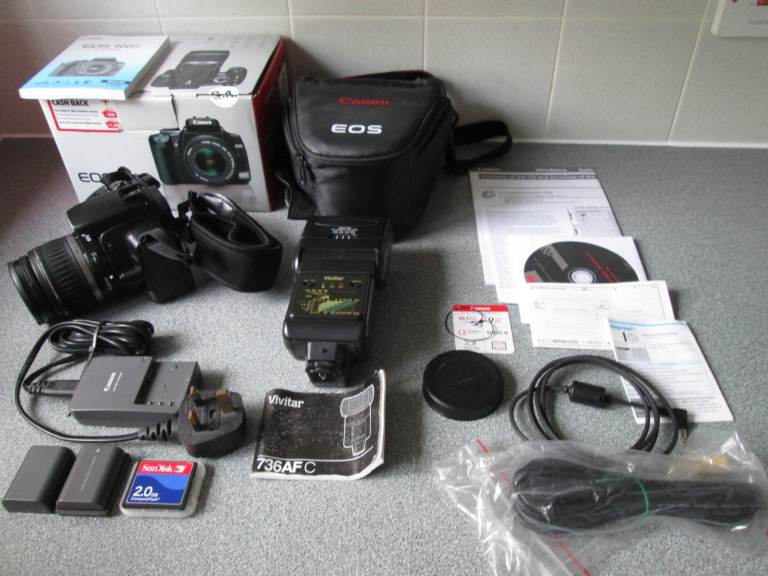 Canon EOS 400D Digital SLR camera BOXED zoom lens, bag, neck strap, SD Card, flash, battery