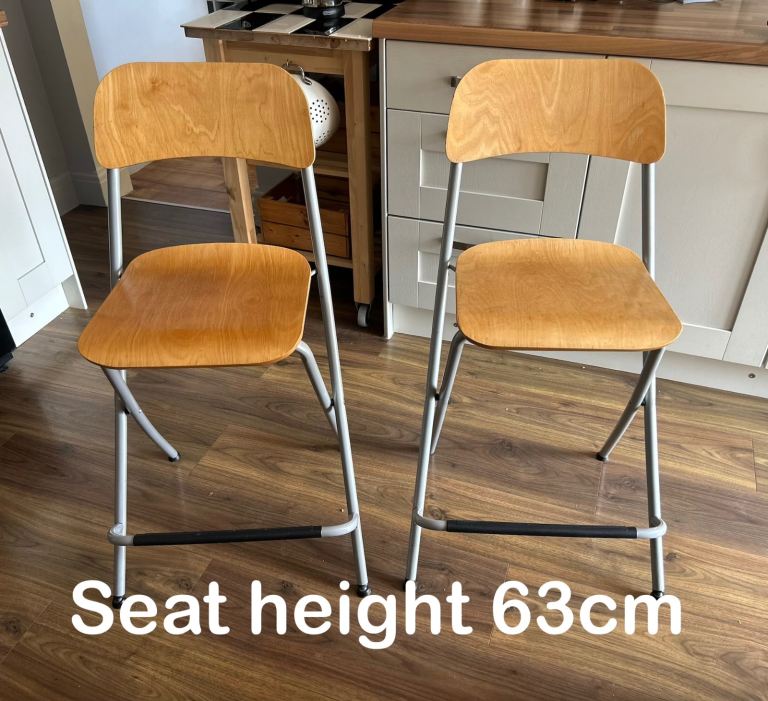 Pair of Wooden Folding Chairs - Grey Metal Frame, Good Condition